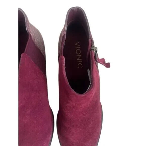Vionic Burgundy Suede &amp; Faux Snakeskin Ankle Boots With Side Zipper Womens Size