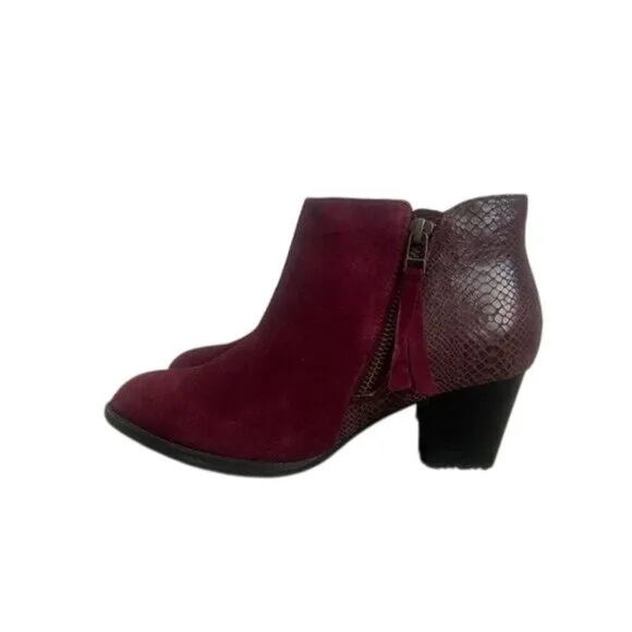 Vionic Burgundy Suede &amp; Faux Snakeskin Ankle Boots With Side Zipper Womens Size