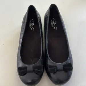 Vionic Lena Black Leather Womens Bow Trim Croc Wedge Orthaheel Pumps Shoes