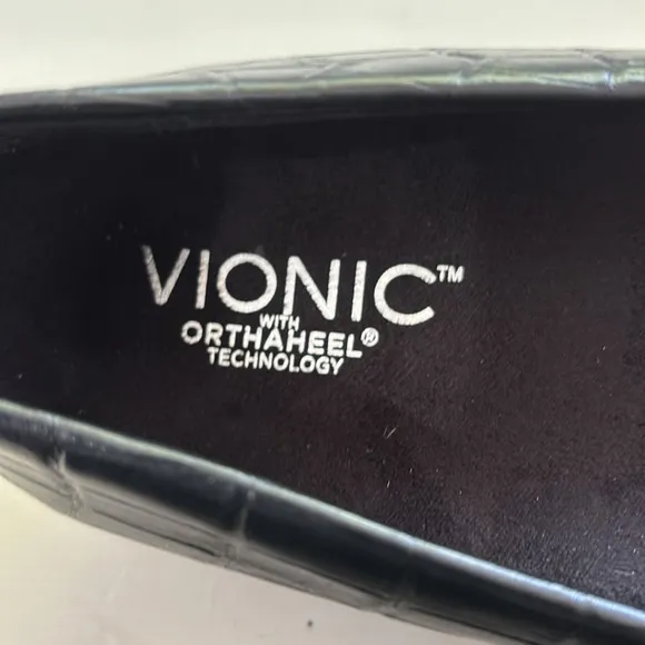 Vionic Lena Black Leather Womens Bow Trim Croc Wedge Orthaheel Pumps Shoes