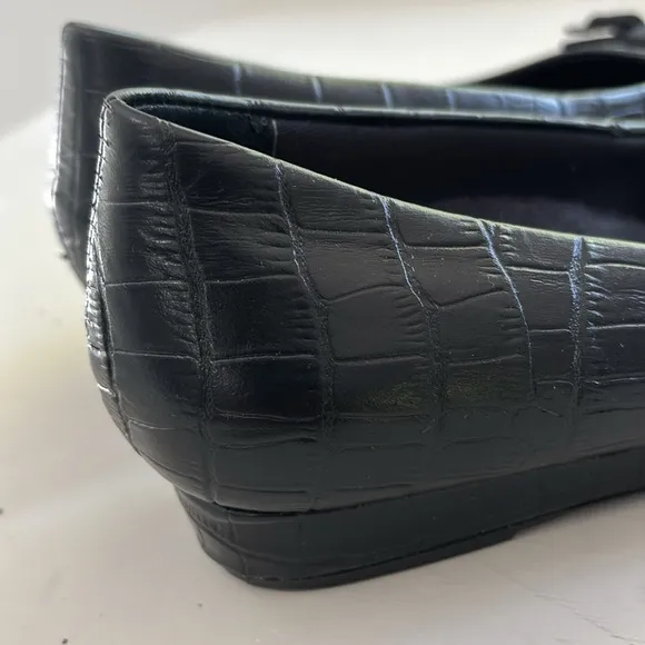 Vionic Lena Black Leather Womens Bow Trim Croc Wedge Orthaheel Pumps Shoes