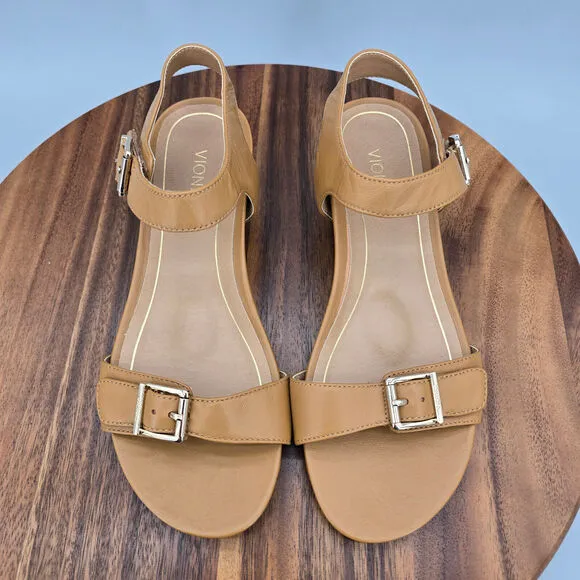 Vionic Sandals Women's 7 Tan Brown Leather Comfort Low Wedge Heel Strap Buckles