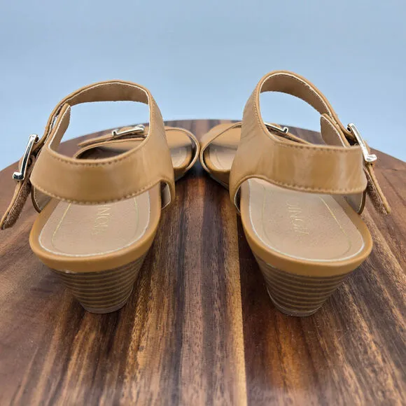 Vionic Sandals Women's 7 Tan Brown Leather Comfort Low Wedge Heel Strap Buckles
