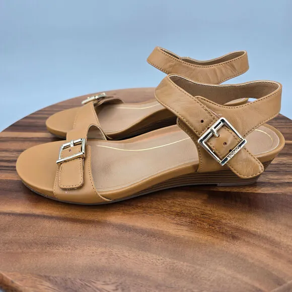 Vionic Sandals Women's 7 Tan Brown Leather Comfort Low Wedge Heel Strap Buckles