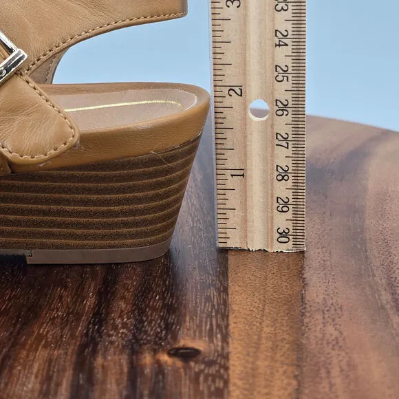 Vionic Sandals Women's 7 Tan Brown Leather Comfort Low Wedge Heel Strap Buckles