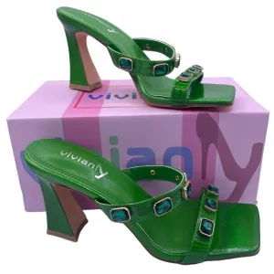 Vivianly squared open toe green heeled sandals diamond detail Size 6