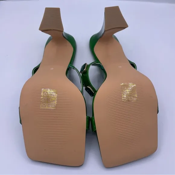 Vivianly squared open toe green heeled sandals diamond detail Size 6