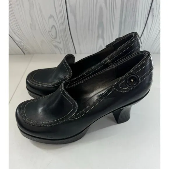 Vtg 90s Y2K lei Size 9 Loafer Heels Shoes Black Platform Leather Chunky