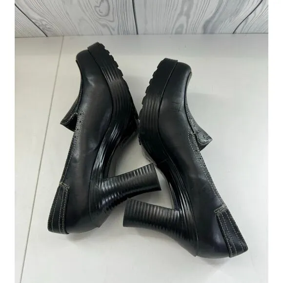 Vtg 90s Y2K lei Size 9 Loafer Heels Shoes Black Platform Leather Chunky