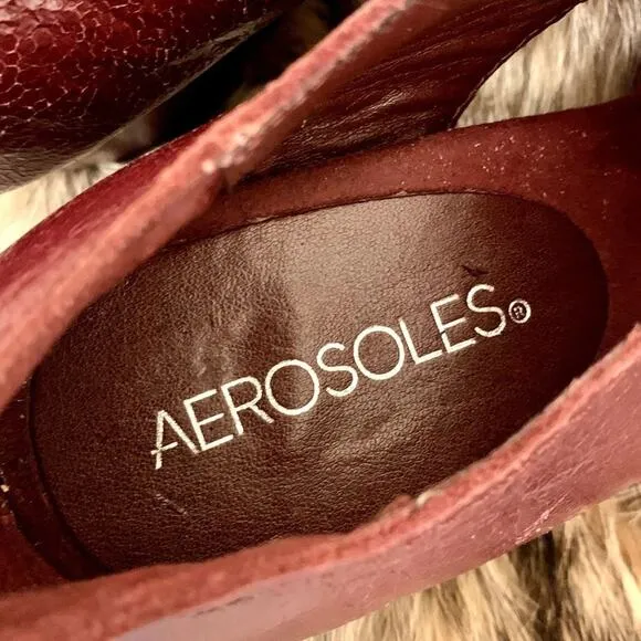 VTG Aerosoles Wedge Bootie Heels SZ 6.5 Red Leather Lace Up Open Toe Indie Artsy
