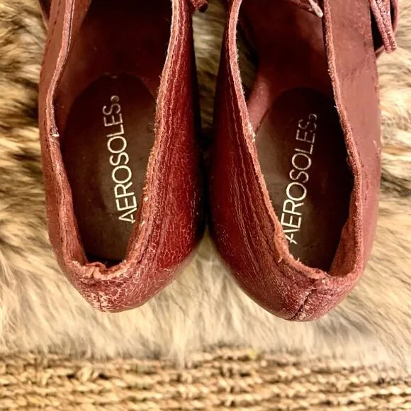 VTG Aerosoles Wedge Bootie Heels SZ 6.5 Red Leather Lace Up Open Toe Indie Artsy