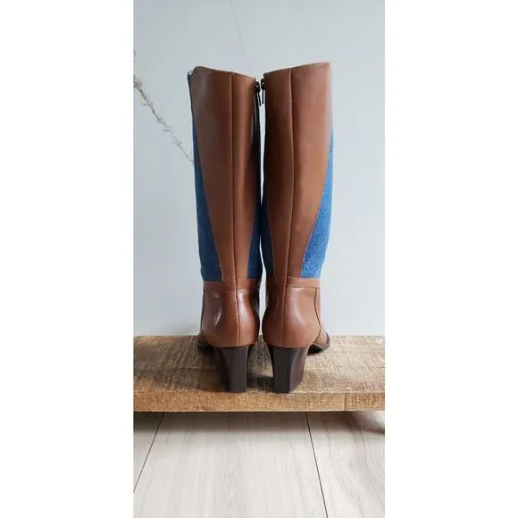 VTG Attiva Boots Womens 8M Brown Leather Denim Tall Mid Calf Square Toe Y2K Braz