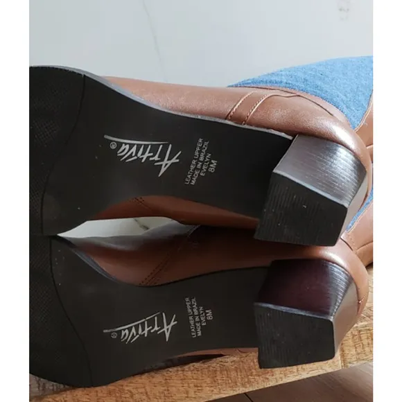 VTG Attiva Boots Womens 8M Brown Leather Denim Tall Mid Calf Square Toe Y2K Braz