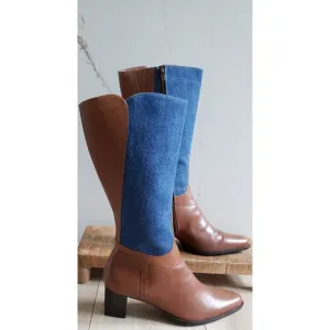 VTG Attiva Boots Womens 8M Brown Leather Denim Tall Mid Calf Square Toe Y2K Braz