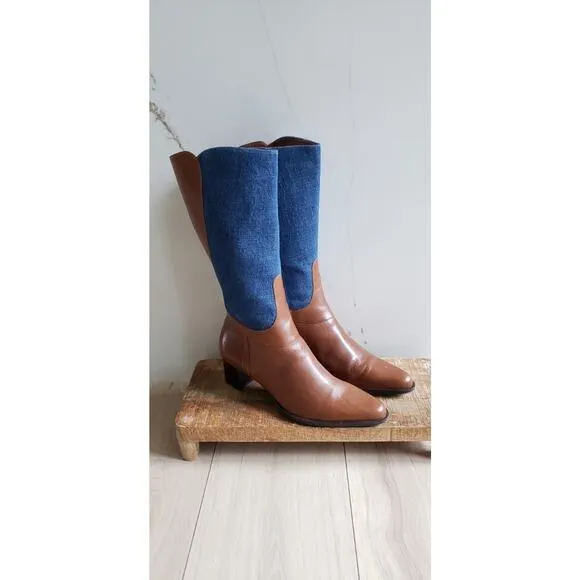 VTG Attiva Boots Womens 8M Brown Leather Denim Tall Mid Calf Square Toe Y2K Braz