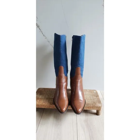 VTG Attiva Boots Womens 8M Brown Leather Denim Tall Mid Calf Square Toe Y2K Braz