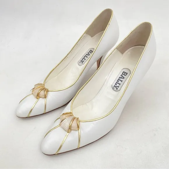 Vtg BALLY White Pumps Heels Sz 7.5 N Women’s Embellished Shoes Pointed Toe
