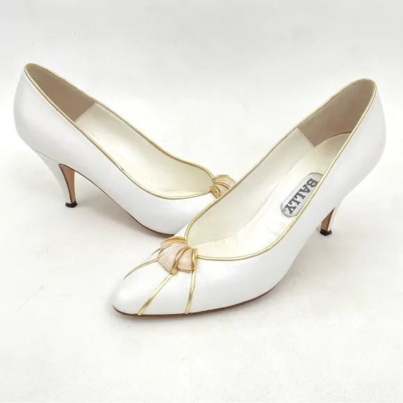 Vtg BALLY White Pumps Heels Sz 7.5 N Women’s Embellished Shoes Pointed Toe