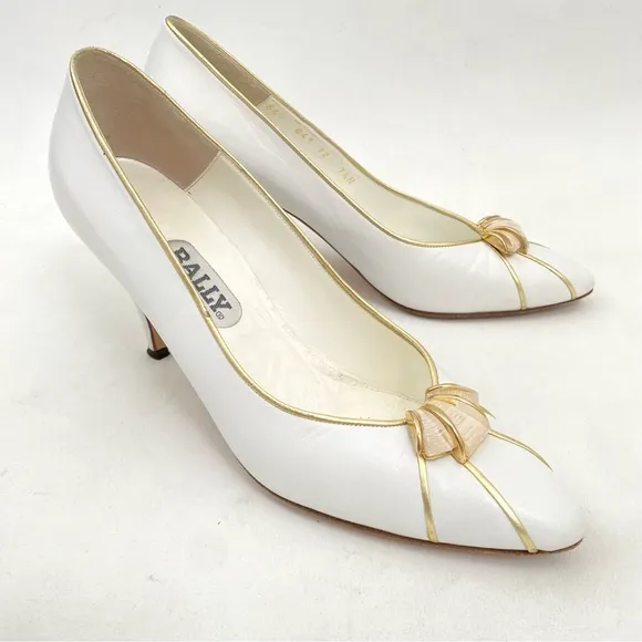 Vtg BALLY White Pumps Heels Sz 7.5 N Women’s Embellished Shoes Pointed Toe