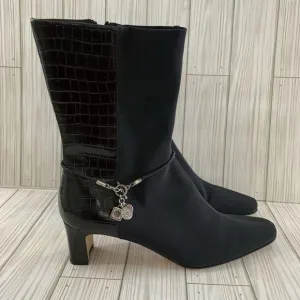 VTG Brighton Black Italian Fabric &amp; Leather Silver Charms Boots Heels 8.5 M
