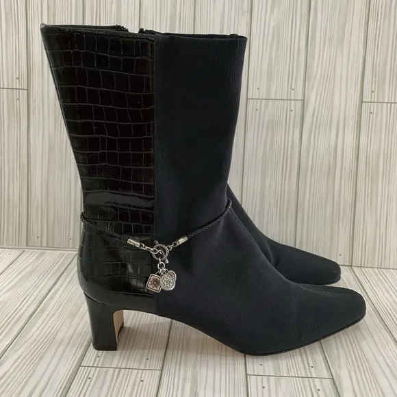 VTG Brighton Black Italian Fabric &amp; Leather Silver Charms Boots Heels 8.5 M