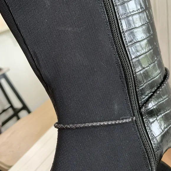 VTG Brighton Black Italian Fabric &amp; Leather Silver Charms Boots Heels 8.5 M