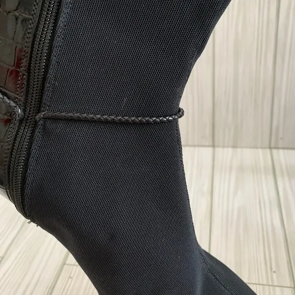 VTG Brighton Black Italian Fabric &amp; Leather Silver Charms Boots Heels 8.5 M