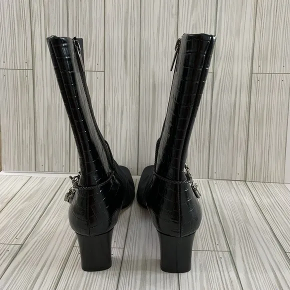 VTG Brighton Black Italian Fabric &amp; Leather Silver Charms Boots Heels 8.5 M