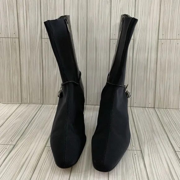 VTG Brighton Black Italian Fabric &amp; Leather Silver Charms Boots Heels 8.5 M