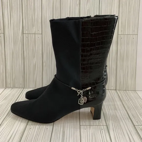 VTG Brighton Black Italian Fabric &amp; Leather Silver Charms Boots Heels 8.5 M