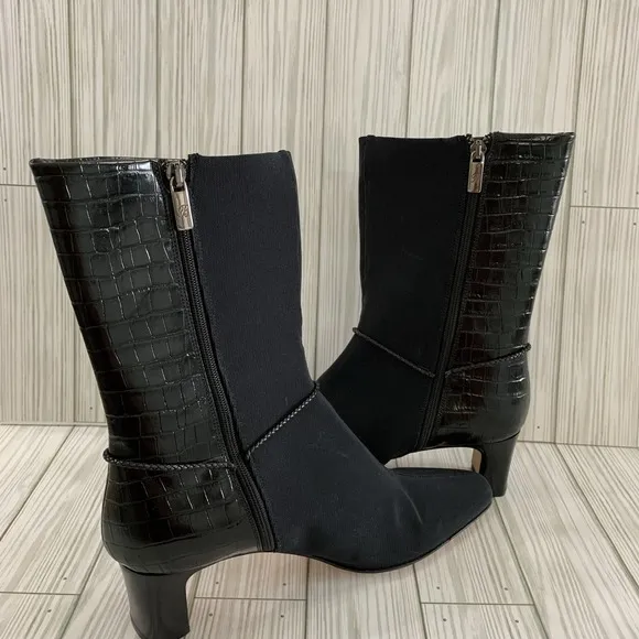 VTG Brighton Black Italian Fabric &amp; Leather Silver Charms Boots Heels 8.5 M