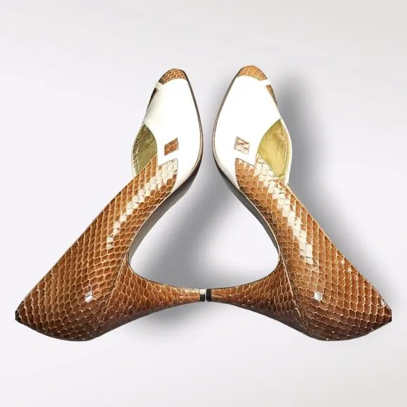 Vtg BRUNO MAGLI NWOB Women's Brown Snakeskin &amp; Cream Pumps 3&quot; Heel Sz 10AA