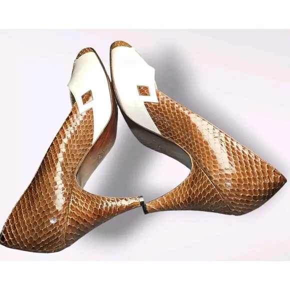 Vtg BRUNO MAGLI NWOB Women's Brown Snakeskin &amp; Cream Pumps 3&quot; Heel Sz 10AA