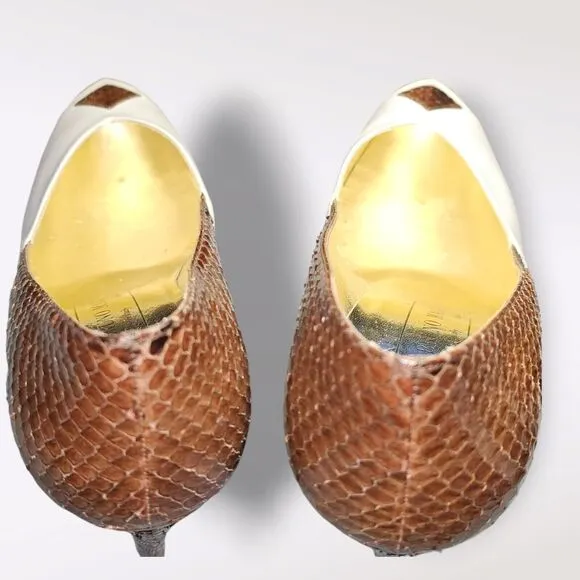 Vtg BRUNO MAGLI NWOB Women's Brown Snakeskin &amp; Cream Pumps 3&quot; Heel Sz 10AA