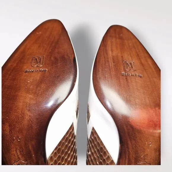 Vtg BRUNO MAGLI NWOB Women's Brown Snakeskin &amp; Cream Pumps 3&quot; Heel Sz 10AA