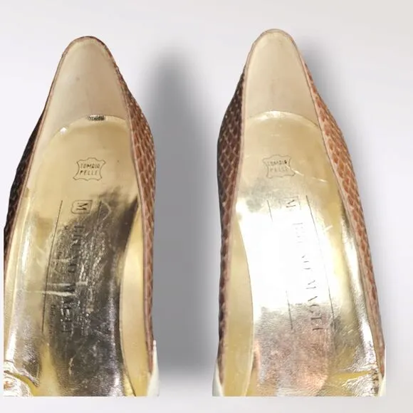 Vtg BRUNO MAGLI NWOB Women's Brown Snakeskin &amp; Cream Pumps 3&quot; Heel Sz 10AA