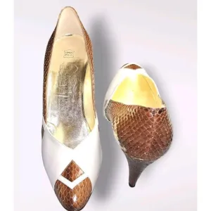 Vtg BRUNO MAGLI NWOB Women's Brown Snakeskin &amp; Cream Pumps 3&quot; Heel Sz 10AA