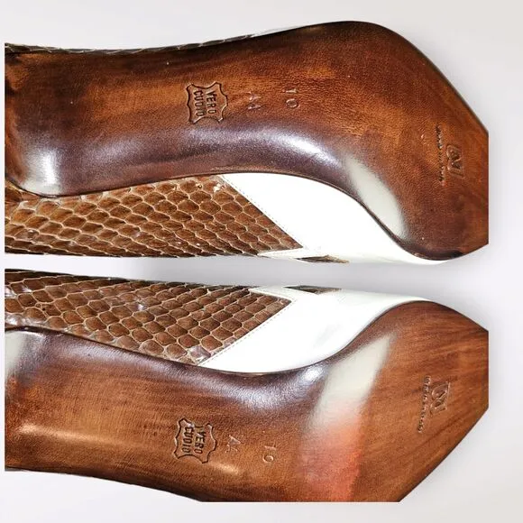 Vtg BRUNO MAGLI NWOB Women's Brown Snakeskin &amp; Cream Pumps 3&quot; Heel Sz 10AA