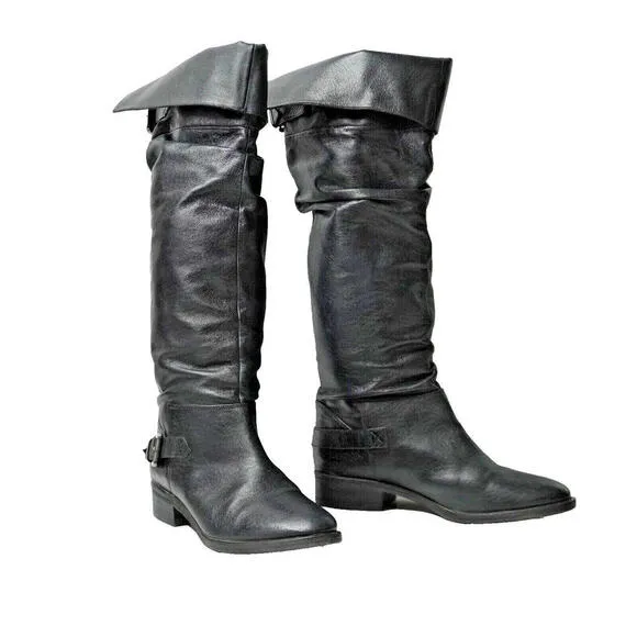 VTG Steve Madden Black Leather Slouchy Knee High Boots Womens 8 Block Heel Y2K