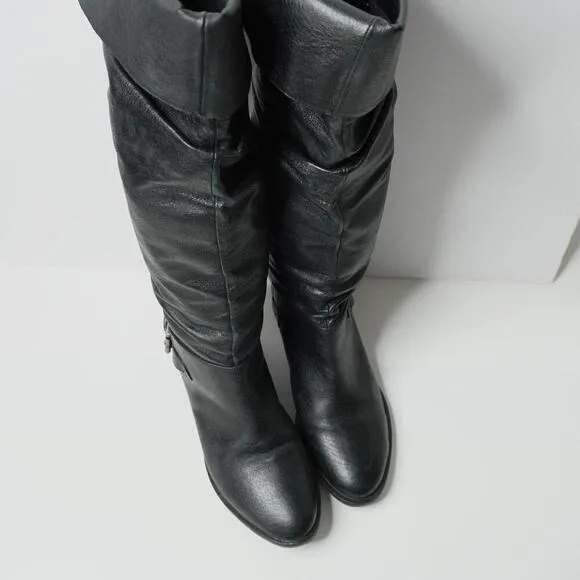 VTG Steve Madden Black Leather Slouchy Knee High Boots Womens 8 Block Heel Y2K