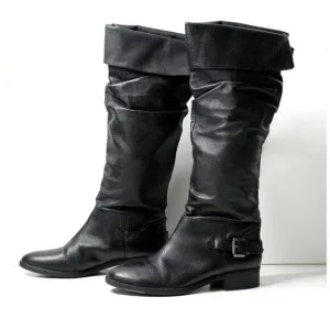 VTG Steve Madden Black Leather Slouchy Knee High Boots Womens 8 Block Heel Y2K