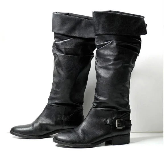 VTG Steve Madden Black Leather Slouchy Knee High Boots Womens 8 Block Heel Y2K