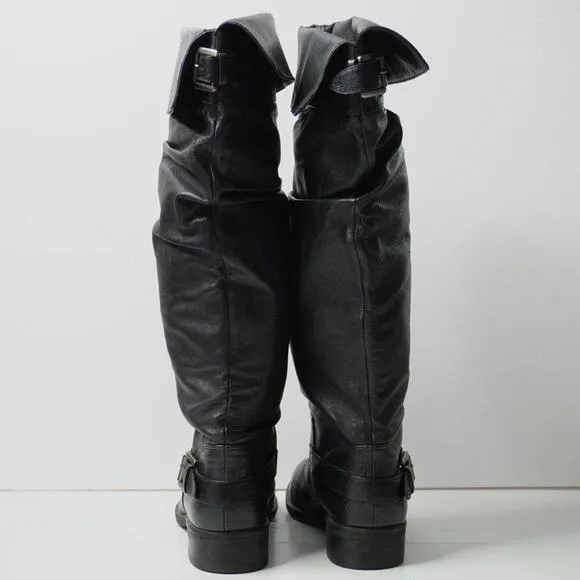 VTG Steve Madden Black Leather Slouchy Knee High Boots Womens 8 Block Heel Y2K