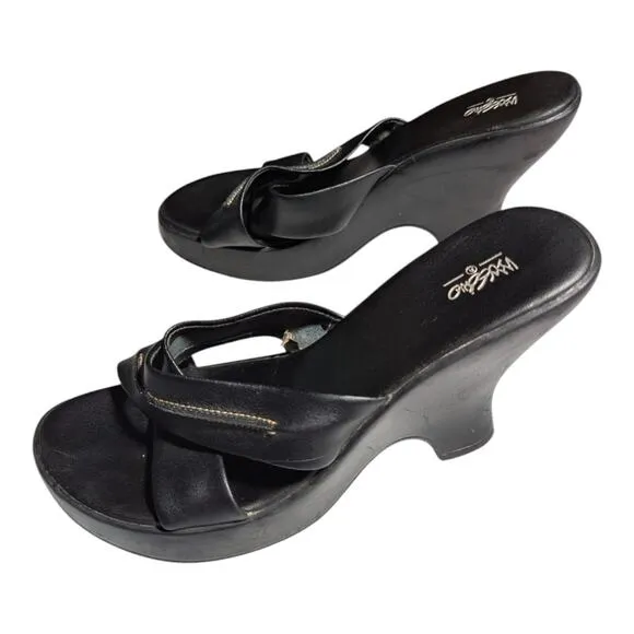 Vtg Y2K Mossimo Black Faux Leather Criss Cross Wedge Heel Slide Sandals Sz 7.5