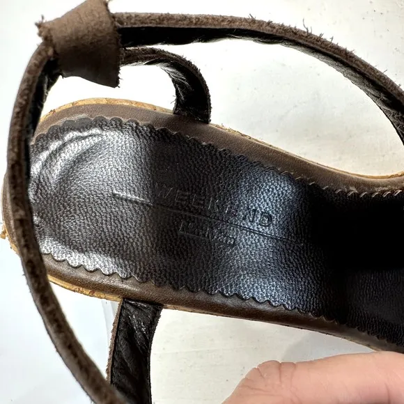 Weekend MaxMara Brown Leather Cork Wedge T-strap Sandals SZ 39 Made in Italy
