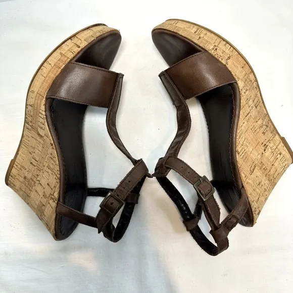Weekend MaxMara Brown Leather Cork Wedge T-strap Sandals SZ 39 Made in Italy