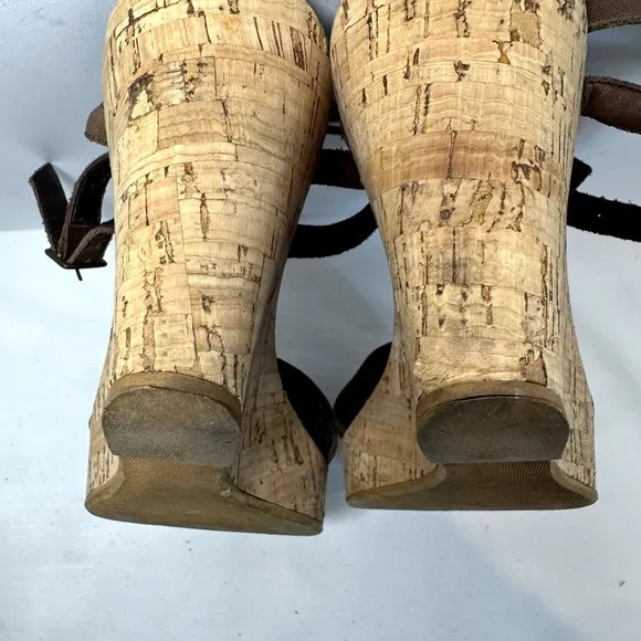Weekend MaxMara Brown Leather Cork Wedge T-strap Sandals SZ 39 Made in Italy