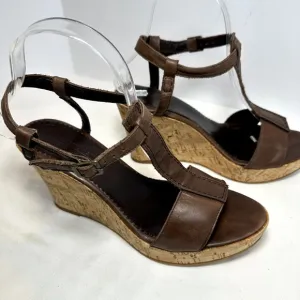 Weekend MaxMara Brown Leather Cork Wedge T-strap Sandals SZ 39 Made in Italy