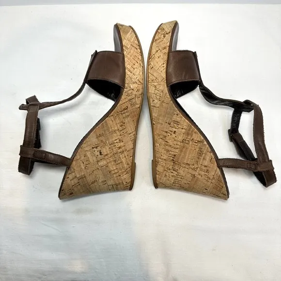 Weekend MaxMara Brown Leather Cork Wedge T-strap Sandals SZ 39 Made in Italy