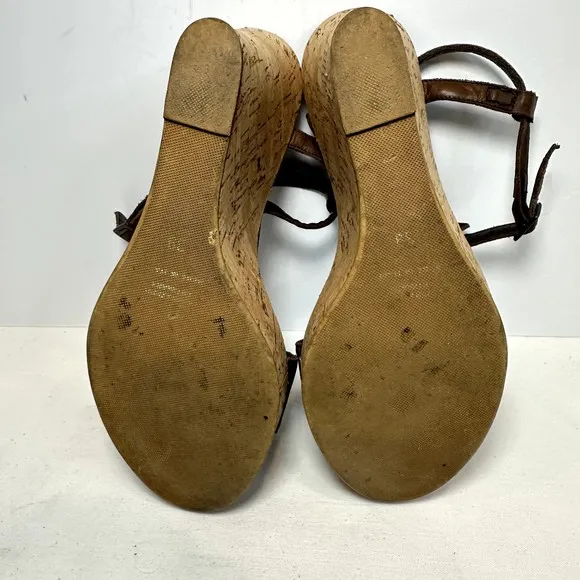 Weekend MaxMara Brown Leather Cork Wedge T-strap Sandals SZ 39 Made in Italy